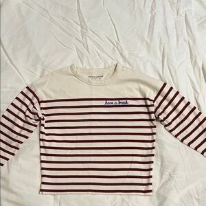 Cream and Maroon Striped Kids Long Sleeve Tee